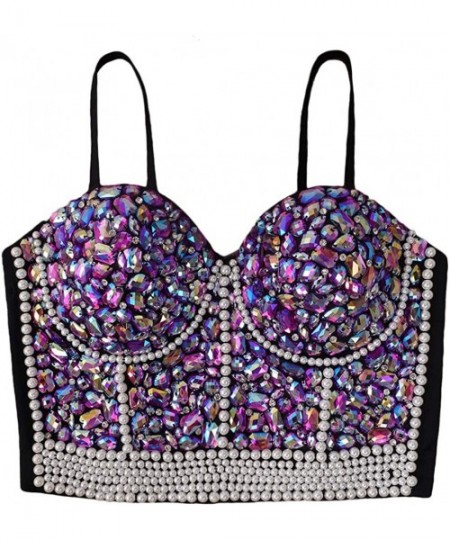 Bras Women's Rhinestone Beaded Push Up Bustier Club Party Crop Top Vest - Puprle - CI18LUCYI7A