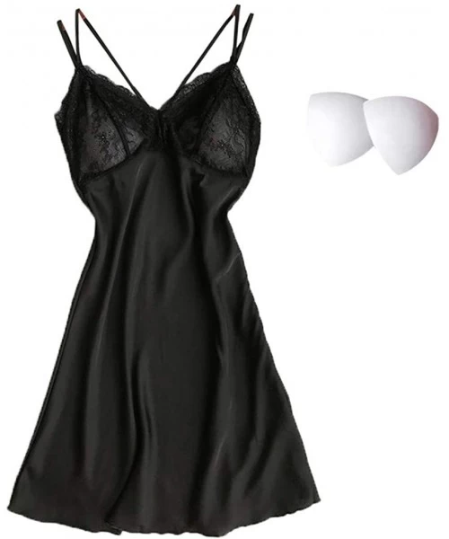 Slips Chemise Nightgown-Women Lace Modal Sleepwear Chemises V-Neck Full Slip Babydoll Nightskirt - Black - CE193K2RK96