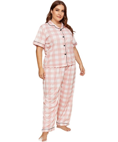 Sets Women's Sleepwear Plus Button Casual Nightwear Top Pajamas Set Loungewear Set - Pink Plaid - CG199ONRKTQ