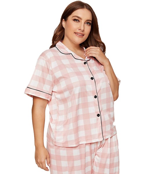 Sets Women's Sleepwear Plus Button Casual Nightwear Top Pajamas Set Loungewear Set - Pink Plaid - CG199ONRKTQ