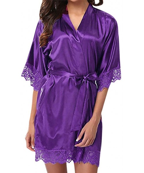 Nightgowns & Sleepshirts Women's Lady Sexy Lace Sleepwear Satin Nightwear Lingerie Pajamas Suit - Purple - CD195H4QLCT