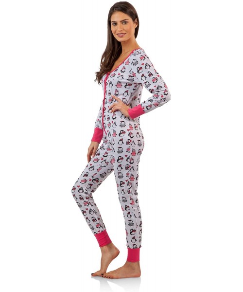 Sets Women's Plus Size Knit Button Front One Piece Pajama Jumpsuit - Holiday Penguins - C912MA1YA3C