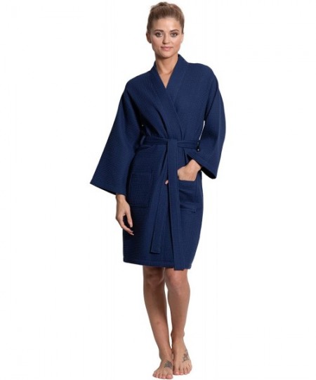 Robes Linen Lightweight Knee Length Waffle Kimono Bath and Spa Robe - Navy-customized - CS197SXQD8O
