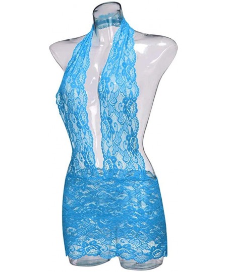 Nightgowns & Sleepshirts Women Lace Plus Size Lingerie Sexy Deep V Halter One Piece Bodysuit Nightdress - Blue - CQ192AXM994