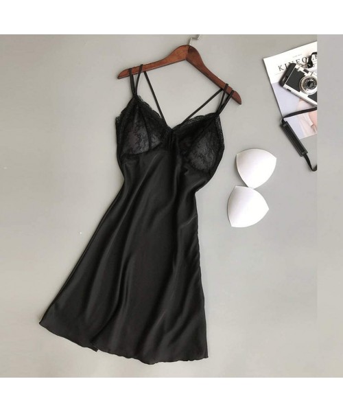 Slips Chemise Nightgown-Women Lace Modal Sleepwear Chemises V-Neck Full Slip Babydoll Nightskirt - Black - CE193K2RK96