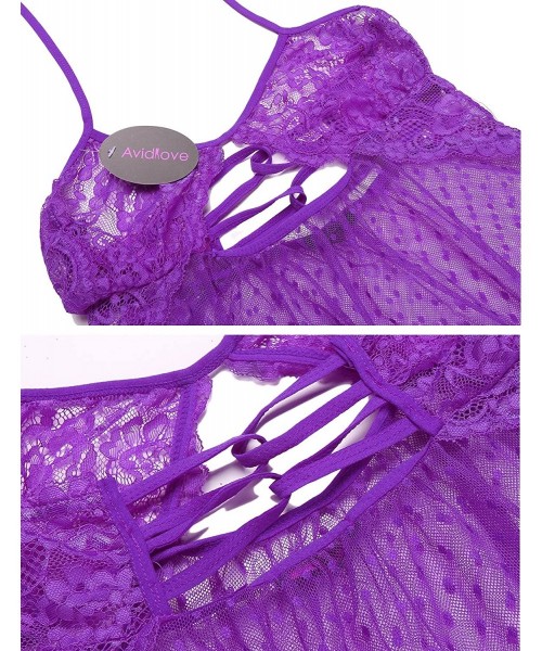 Baby Dolls & Chemises Sexy Lingerie for Women Lace Babydolls Hollow Out Mesh Chemises Sleepwear - Purple - CR185DXSLC7