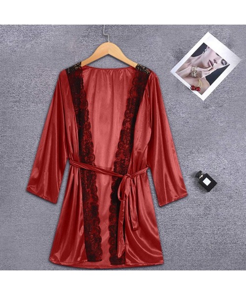 Thermal Underwear Sexy Ladies lace Underwear Pajamas Belt Home Casual Nightgown - Red - CX1992QW4CA