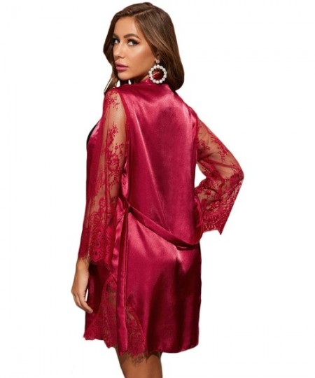 Robes Women's Floral Lace Long Sleeve Bride Belted Satin Kimono Robe Nightwear Bridesmaids Lingerie - Burgundy - CA19C4OH0CH