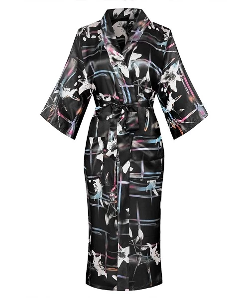 Robes Women's Kimono Robes Kimono Imitation Silk Sleepwear Long Lightweight Nightgown - Black/Flower - CJ18YZAI28S