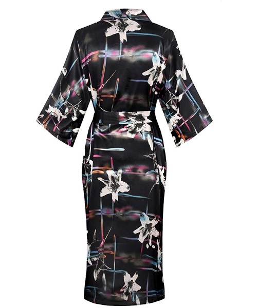 Robes Women's Kimono Robes Kimono Imitation Silk Sleepwear Long Lightweight Nightgown - Black/Flower - CJ18YZAI28S