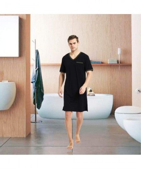 Robes Men's Cotton V-Neck Short Sleeves Comfortable Soft Solid Color Pajamas Robes S-XXXL - Black - CR197ZYQ6L3