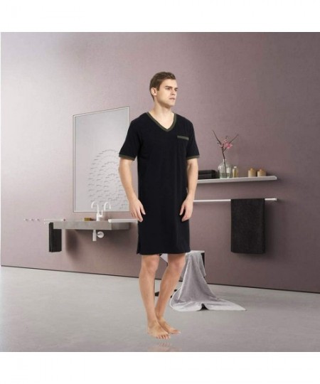 Robes Men's Cotton V-Neck Short Sleeves Comfortable Soft Solid Color Pajamas Robes S-XXXL - Black - CR197ZYQ6L3