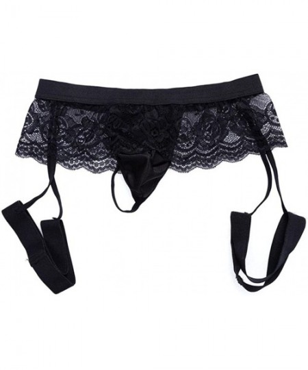 Boxer Briefs Mens Sexy Lace Boxer Briefs Panties See-Through Garter Thong G-String Bikini Shorts Underwear - Black - C018HLC6X70