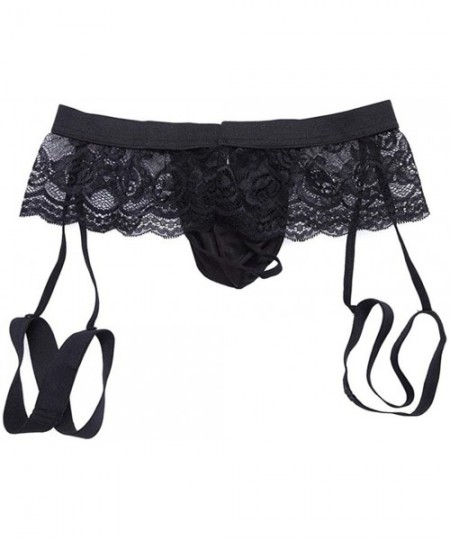Boxer Briefs Mens Sexy Lace Boxer Briefs Panties See-Through Garter Thong G-String Bikini Shorts Underwear - Black - C018HLC6X70
