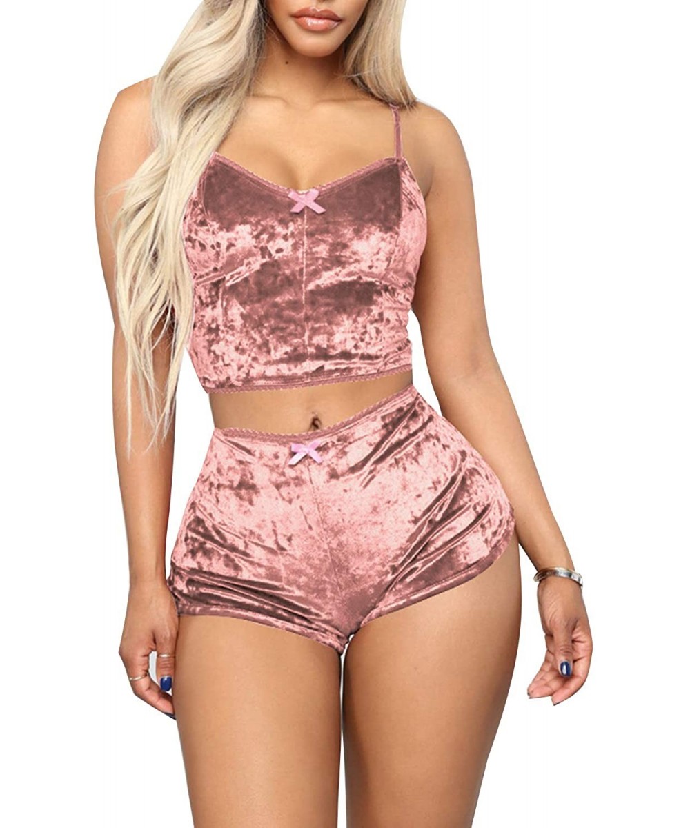 Sets Women's Velvet 2 Piece Outfit Spaghetti Strap Crop Top with Shorts Sexy Pajama Sets - A_paste - C8199E3QEI5