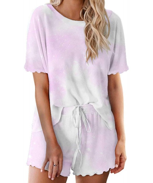 Sets Women's 2 Piece Tie Dye Printed Pajamas Set Ruffled T-Shirt Top Short Sweatpants Lougewear - Light Purple - C019D3XMLQO