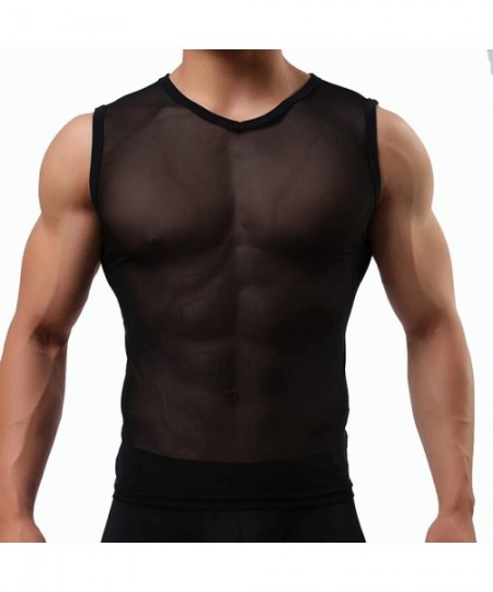 Undershirts Mens Sexy Lace up See Through Sleeveless T Shirt Round Collar Summer Mesh Undershirts - Black - CY19DLESTTI