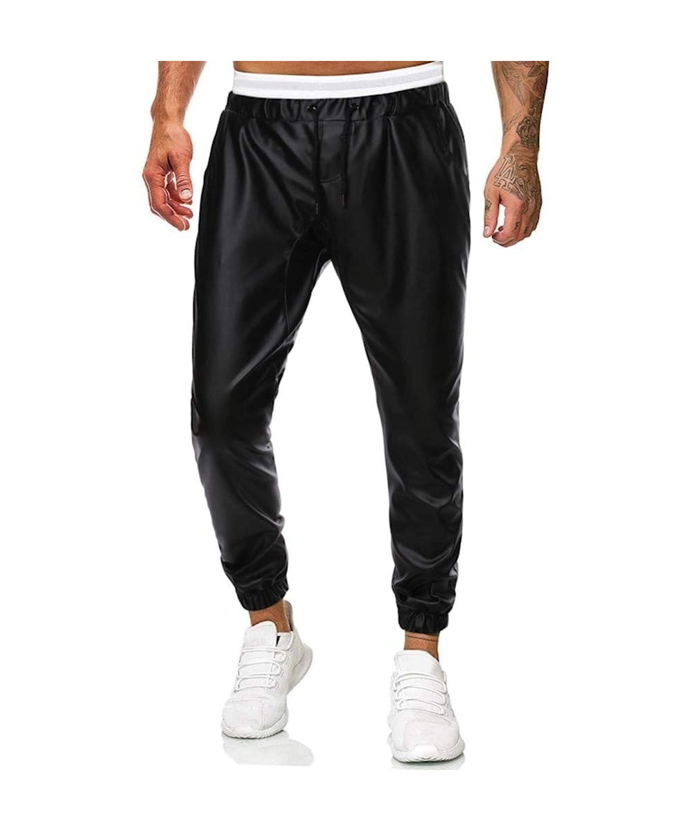 Thermal Underwear Mens Leather Pants Stylish Closed Bottom Sweatpants Casual Long Trousers Solid Color Drawstring Slacks - Bl...