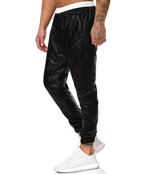 Thermal Underwear Mens Leather Pants Stylish Closed Bottom Sweatpants Casual Long Trousers Solid Color Drawstring Slacks - Bl...