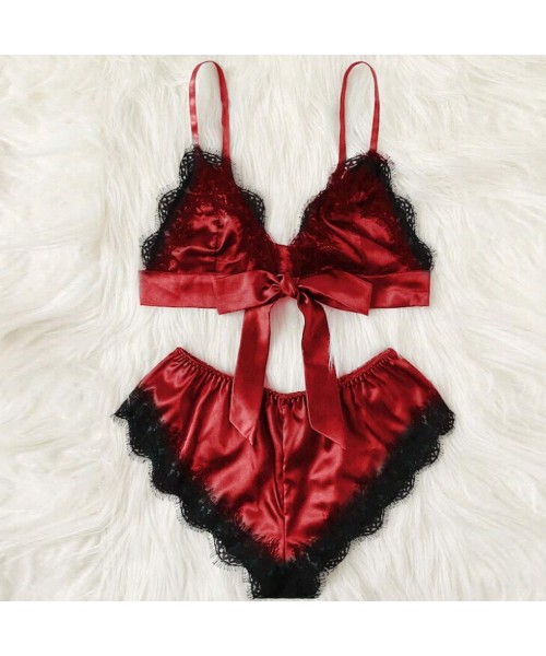Bras Women's Sexy Satin Lace Patchwork Bandage Sleepwear Lingerie + Underwear 2 PCS Set - Red - C318UU3QIC2