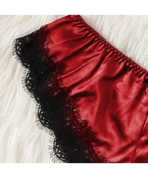 Bras Women's Sexy Satin Lace Patchwork Bandage Sleepwear Lingerie + Underwear 2 PCS Set - Red - C318UU3QIC2