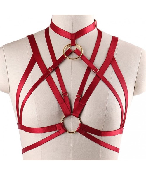 Bras Strap Body Harness Bra Tops Cage Punk Gothic Rave Lingerie Hollow Out Chest Belt Plus Size - Wine Red - C218CRMTC2I