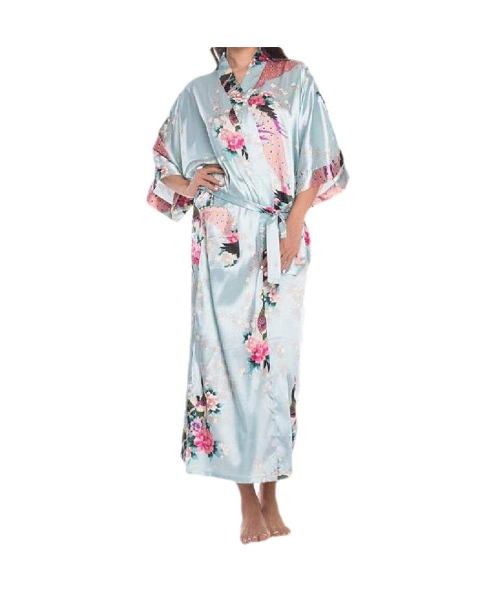 Robes Women Charmeuse 3/4 Sleeve Floral Printed Soft Chic Knit Robe with Belt - Light Blue - CR199SMUIHG