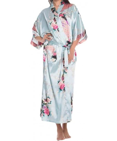 Robes Women Charmeuse 3/4 Sleeve Floral Printed Soft Chic Knit Robe with Belt - Light Blue - CR199SMUIHG
