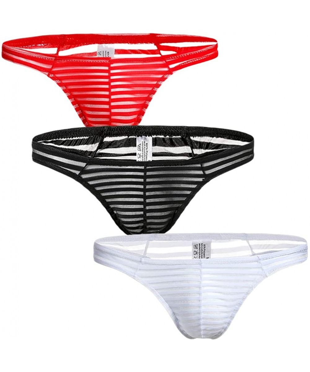 G-Strings & Thongs Men's Sexy Striped Underwear Thong Mesh Transparent Panties - Re+ba+wh - CE18YZSCMD4