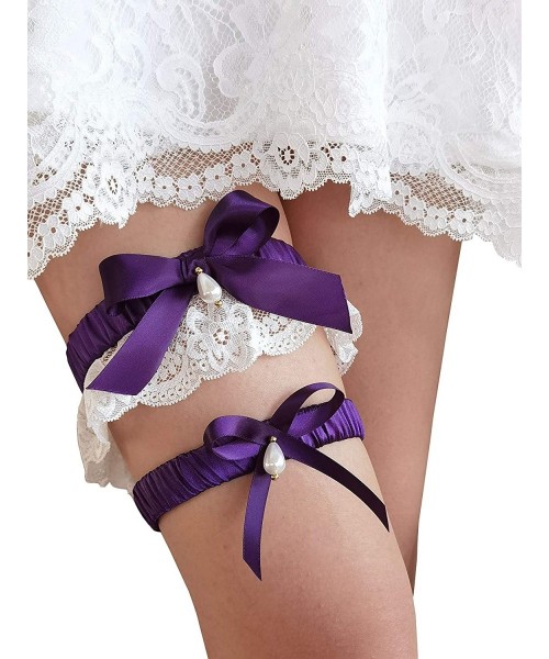 Garters & Garter Belts Butterfly Garters for Bride Wedding Garter Set Lace Pearls Garter Set S86 - Purple - CI1902ZI0TL