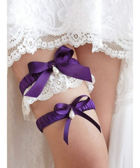 Garters & Garter Belts Butterfly Garters for Bride Wedding Garter Set Lace Pearls Garter Set S86 - Purple - CI1902ZI0TL