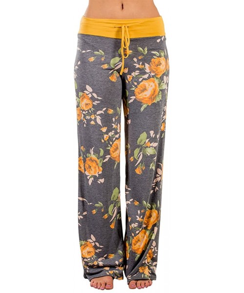 Bottoms Women's High Waist Casual Floral Print Drawstring Wide Leg Palazzo Pants Lounge Pajama - Yellow - CR1885N7CAQ