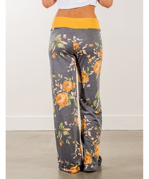 Bottoms Women's High Waist Casual Floral Print Drawstring Wide Leg Palazzo Pants Lounge Pajama - Yellow - CR1885N7CAQ