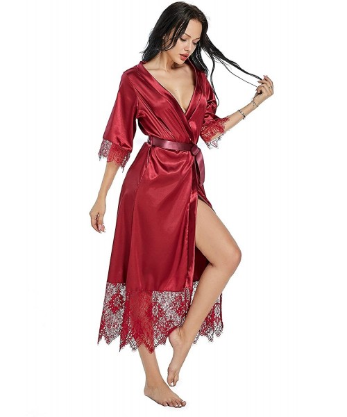 Robes Satin Robe for Women Bridesmaid Silky Lightweight Lingerie Bathrobe - Wine Red - CY199CTIS2C