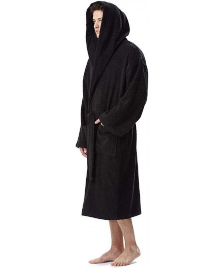 Robes Men's Hooded Classic Bathrobe Turkish Cotton Robe with Full Length Options - Black - CX18UIDITYO