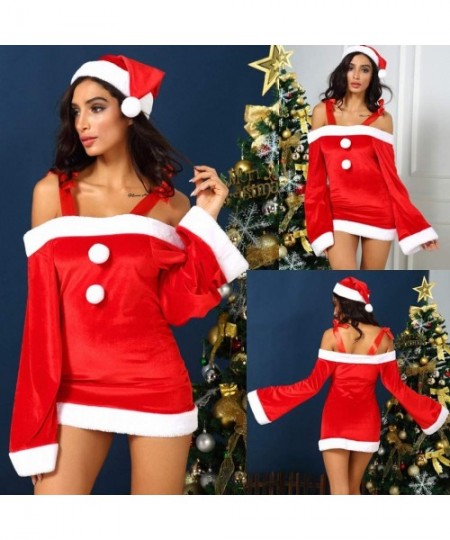 Thermal Underwear Fashion Women Sexy Christmas Cute Off-Shoulder Dress Ball Gown Red Cloak Hat Set Double Hem Dress - E-red -...