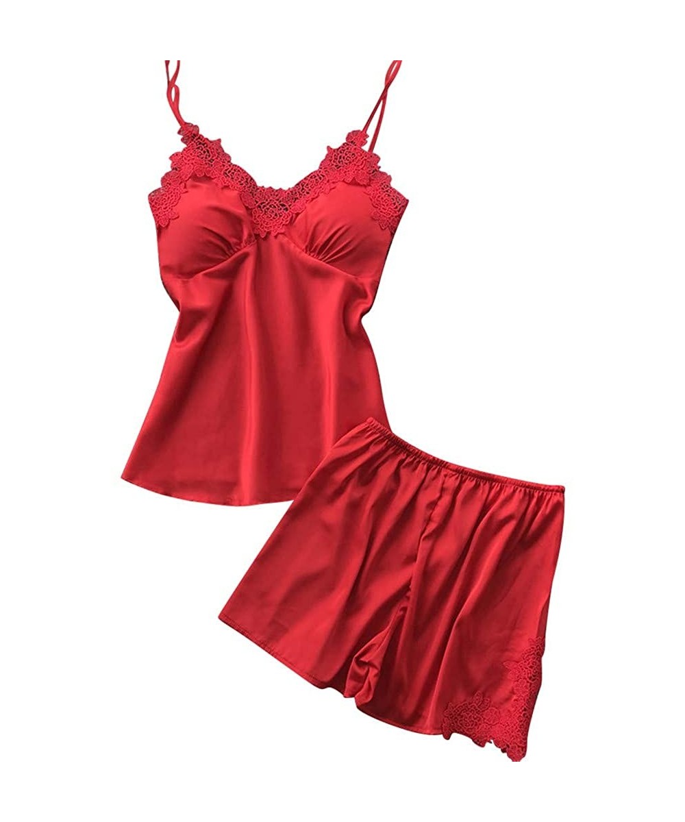 Sets Women Sleepwear Satin Pajamas Set Lace Camisole Shorts Nightwear - Red - CG18UYWZ6YT