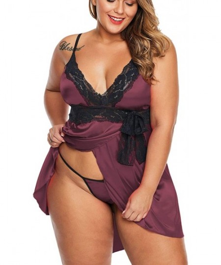 Baby Dolls & Chemises Sexy Plus Size Satin Lingerie Lace Babydoll Sets 1X-5X - Burgundy With Front Slit - C3197N9EMO9