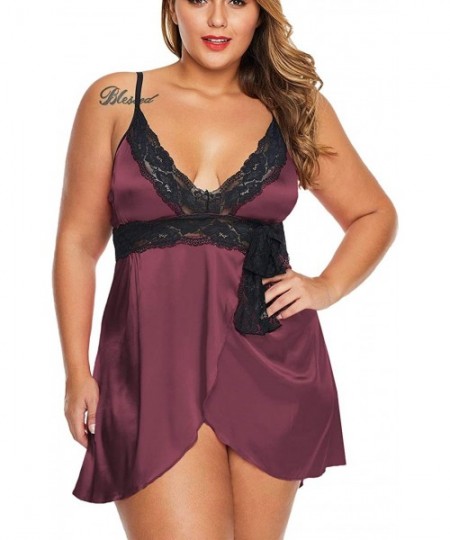 Baby Dolls & Chemises Sexy Plus Size Satin Lingerie Lace Babydoll Sets 1X-5X - Burgundy With Front Slit - C3197N9EMO9