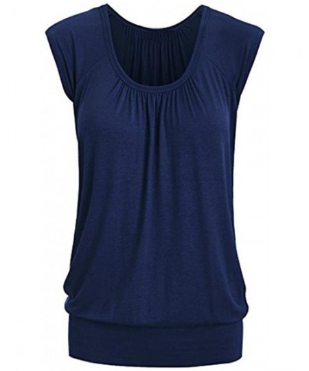 Thermal Underwear Women Summer Casual Tops Round Neck Solid T-Shirt Short Sleeve Blouse - Blue - CY18G28XKTQ