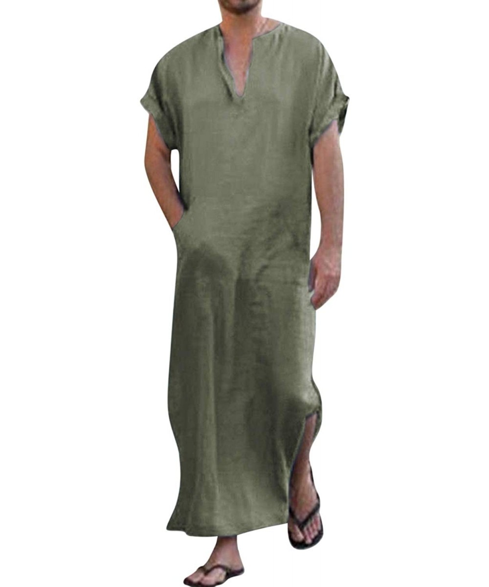 Robes Men's V-Neck Short Sleeve Home Robe Side Split Kaftan Cotton Long Gown Thobe - Army Green - CM18QOQGAG9