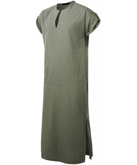 Robes Men's V-Neck Short Sleeve Home Robe Side Split Kaftan Cotton Long Gown Thobe - Army Green - CM18QOQGAG9