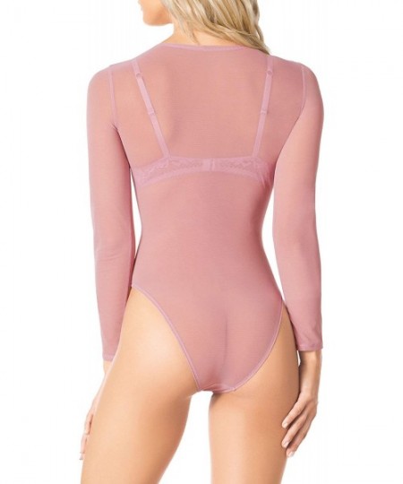 Shapewear Women's Sexy Sheer Mesh Long Sleeve Bodysuit - Pink - CA17YZZ64TS