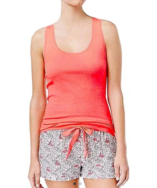 Tops Womens Solid Lace-Trim Tank Top- Coral-Cosmo- Small - CG18ZNHTL98