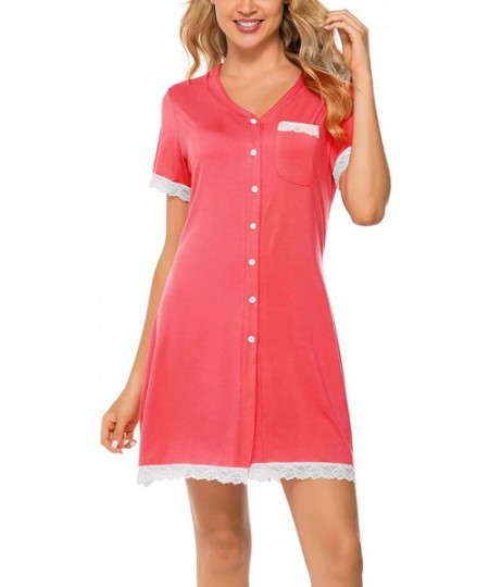 Nightgowns & Sleepshirts Women's Short Sleeve Nightgown Button Down Sleepwear Pajamas Nightshirt - Pink - CZ18WCHCQ8G