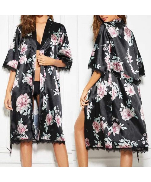 Nightgowns & Sleepshirts Women Nightgown Classtic Satin Pajama Sleep Shirts Dress Sleepwear Loungewear - Black - CK18SC4WYQU