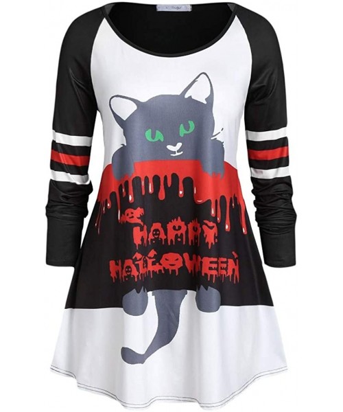 Thermal Underwear Fashion Cat Print Shirt Women Casual Loose Long Sleeve Halloween O-Neck Tops - Black - CJ18Z9IS83D
