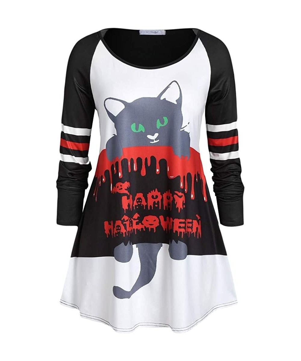 Thermal Underwear Fashion Cat Print Shirt Women Casual Loose Long Sleeve Halloween O-Neck Tops - Black - CJ18Z9IS83D