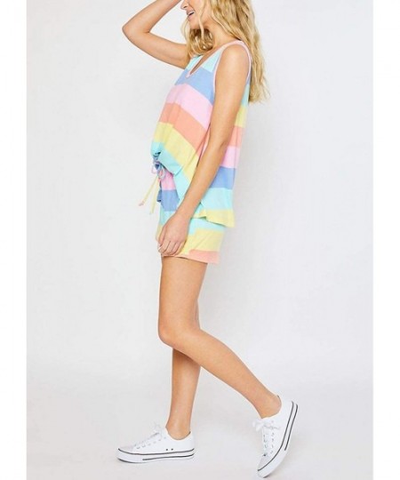 Sets Rainbow Plus Size Pajamas for Women- Summer Cute Striped Tank Tops and Shorts PJs Set Loungewear Nightwear Sleepwear - L...