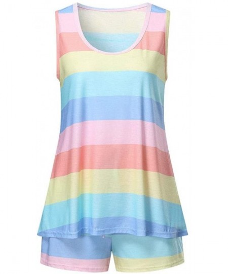 Sets Rainbow Plus Size Pajamas for Women- Summer Cute Striped Tank Tops and Shorts PJs Set Loungewear Nightwear Sleepwear - L...